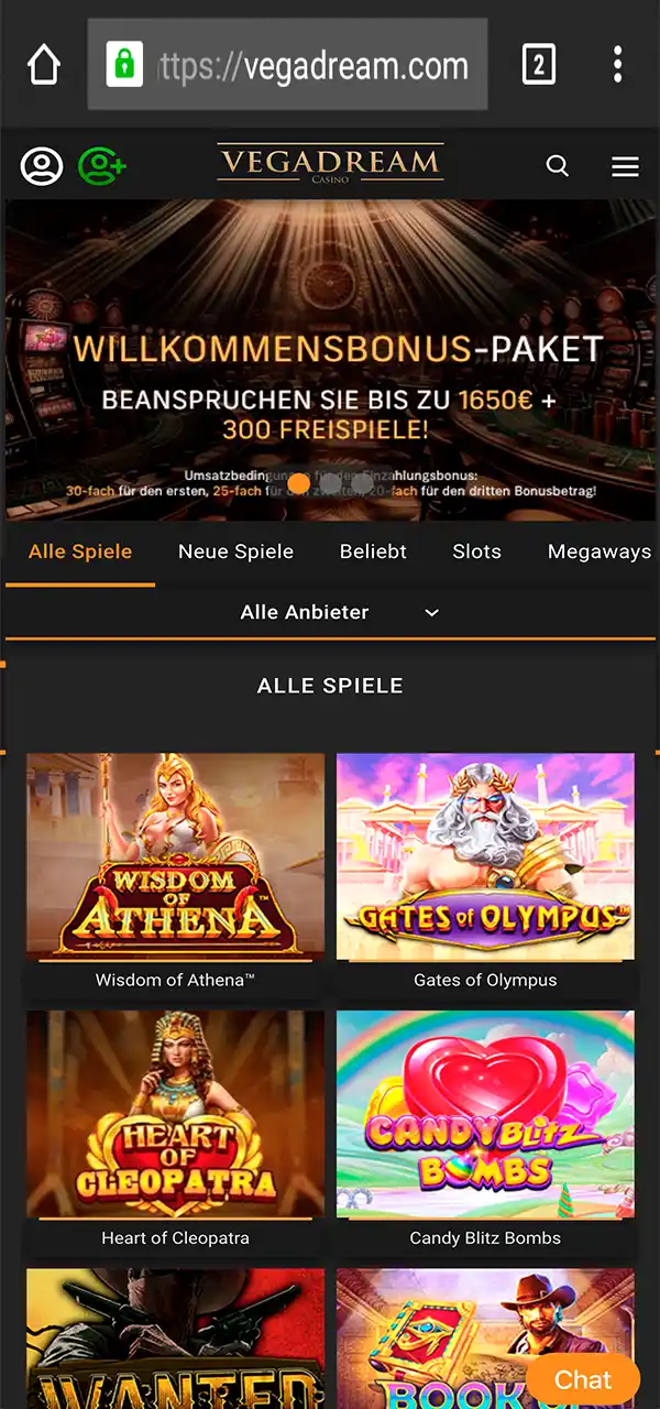 Gehen Sie zur Hauptseite der Website des Buchmachers Vegadream.