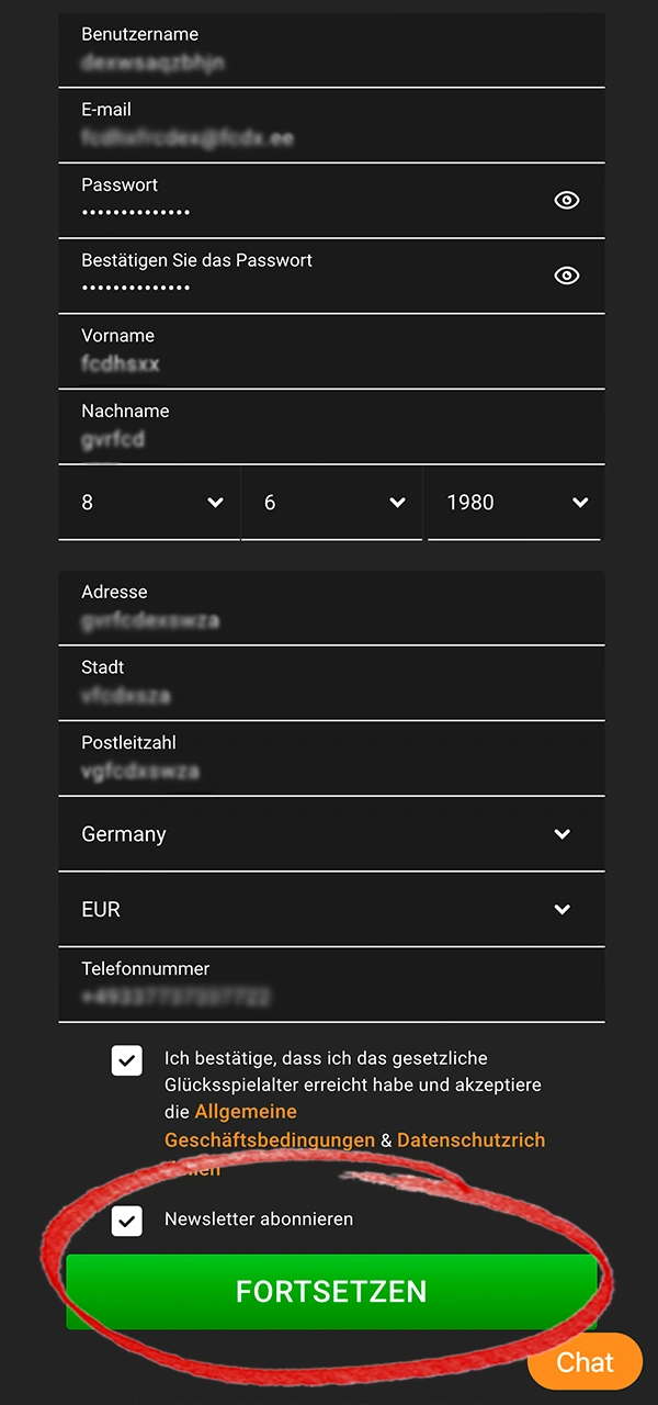 Klicken Sie auf die spezielle Schaltfläche, um den Registrierungsprozess bei Vegadream fortzusetzen.