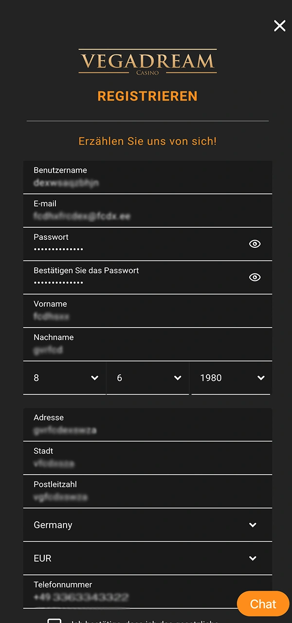 Füllen Sie die Felder mit den aktuellen Daten aus, die Sie für die zukünftige Anmeldung bei Vegadream benötigen.
