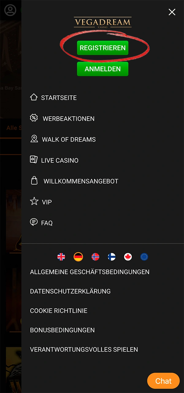 Laden Sie die Vegadream-Seite auf Ihr Gerät.